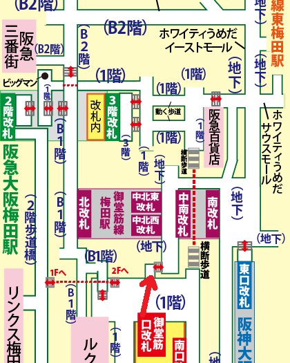JR大阪駅「御堂筋口」改札から「お好み焼き ゆかり ホワイティうめだ店」への道順マップ