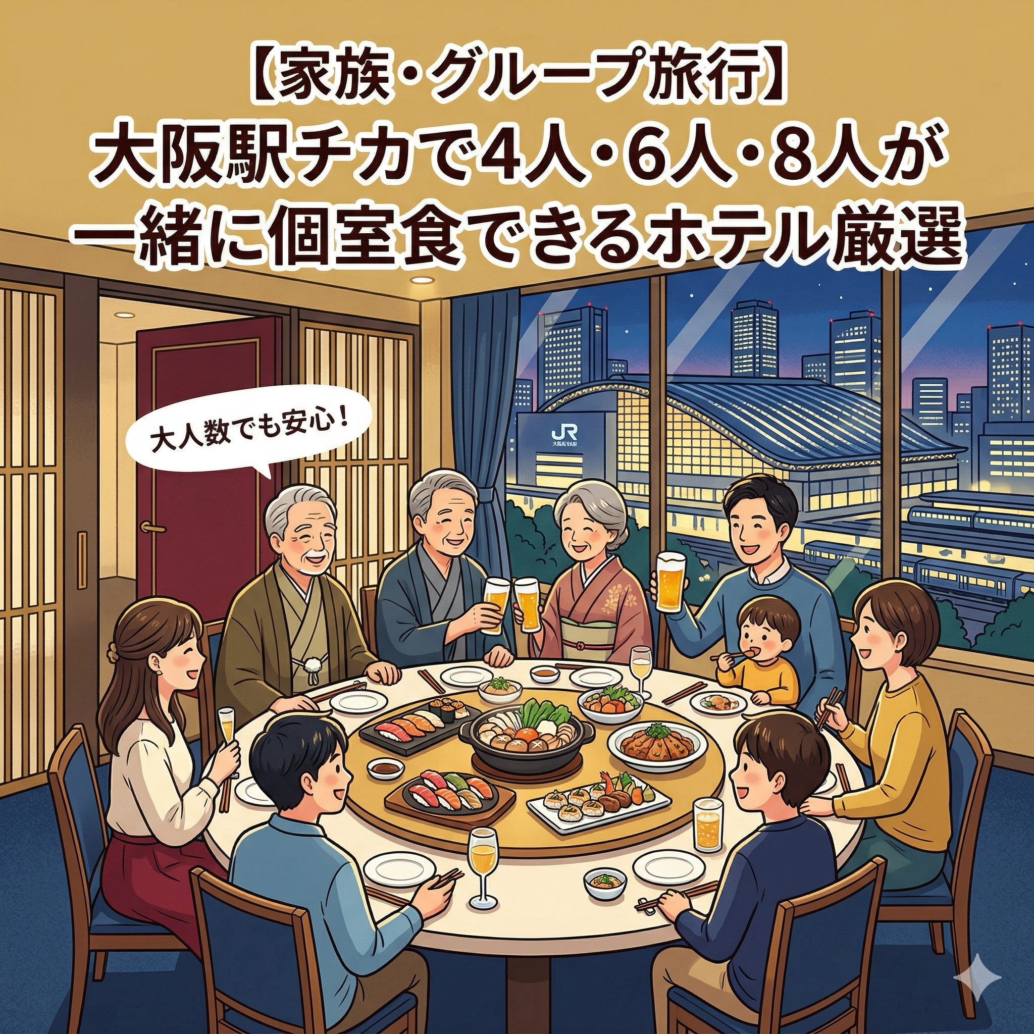 【家族・グループ】大阪駅チカで4人・6人・8人以上が一緒に個室食ができるホテル厳選