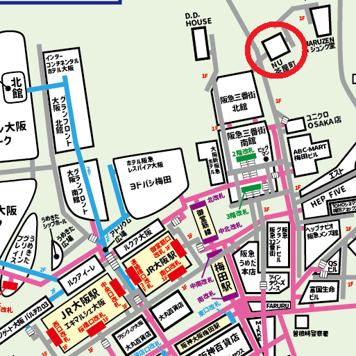 NU茶屋町/NU茶屋町プラスへの行き方【梅田】JR・御堂筋線・阪急・阪神からの迷わない道順